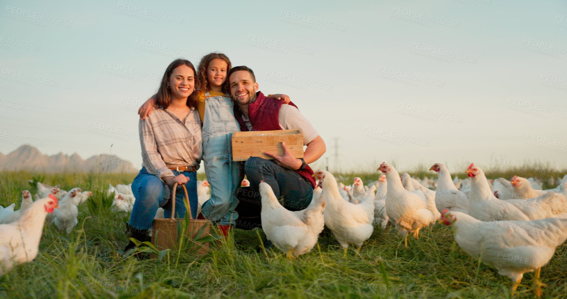 Buy stock photo Chicken on farm, portrait of happy family and child egg farming in countryside for agriculture, love or poultry in nature. Sustainable agro farmer, parents and girl on grass with birds, hug and smile