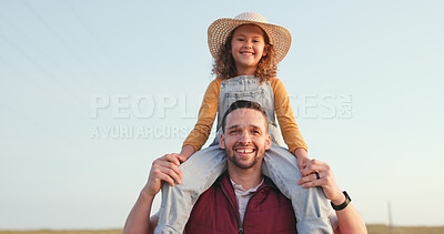 Family, nature and girl with happy farmer bonding on a farm in summer. Portrait of loving parent and blue sky with a little child, enjoy fresh outdoors together and having fun in a agriculture field