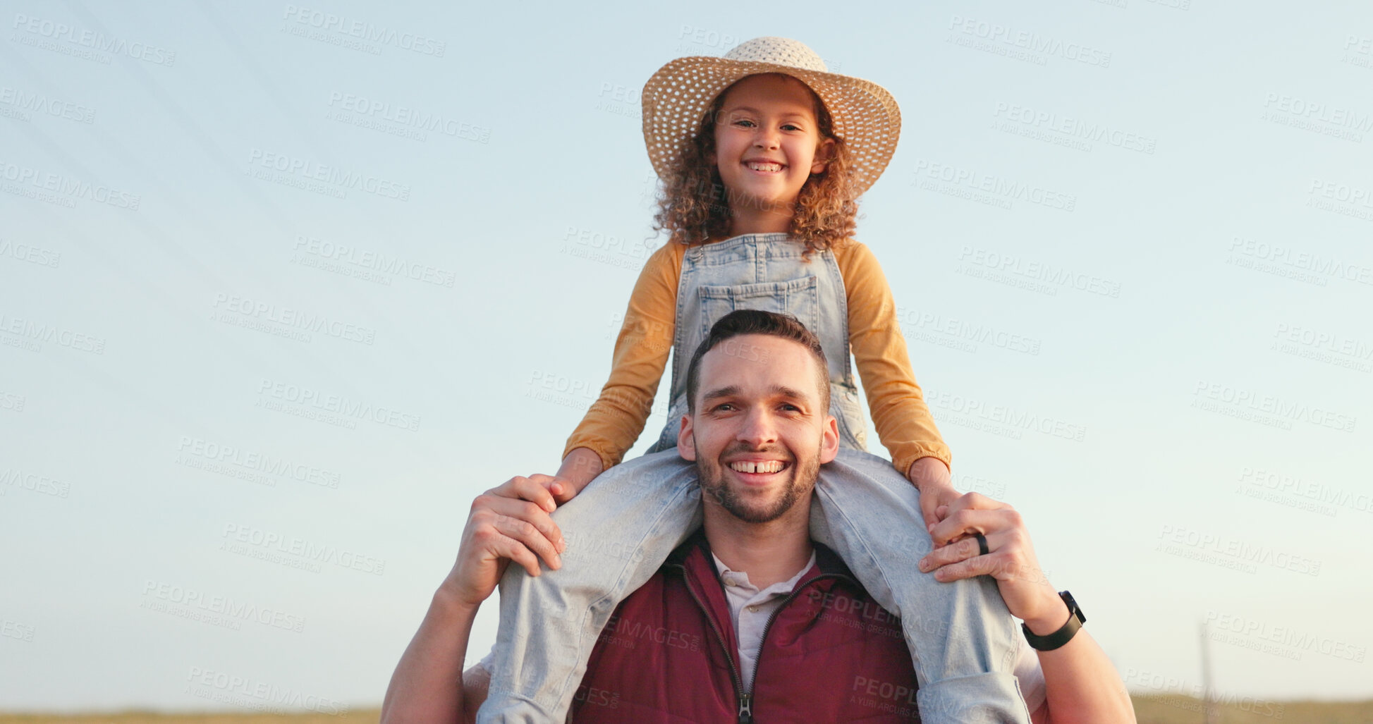 Buy stock photo Happy, father and child on shoulders for portrait in nature  to relax with peace on holiday, vacation or outdoor in summer. Smile, happiness and girl bonding with dad with love, support and care