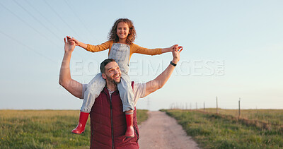 Happy family, father and child walking on a farm on a relaxed, calm and peaceful holiday vacation outdoors. Smile, happiness and young girl enjoys bonding and love having fun with dad in nature field