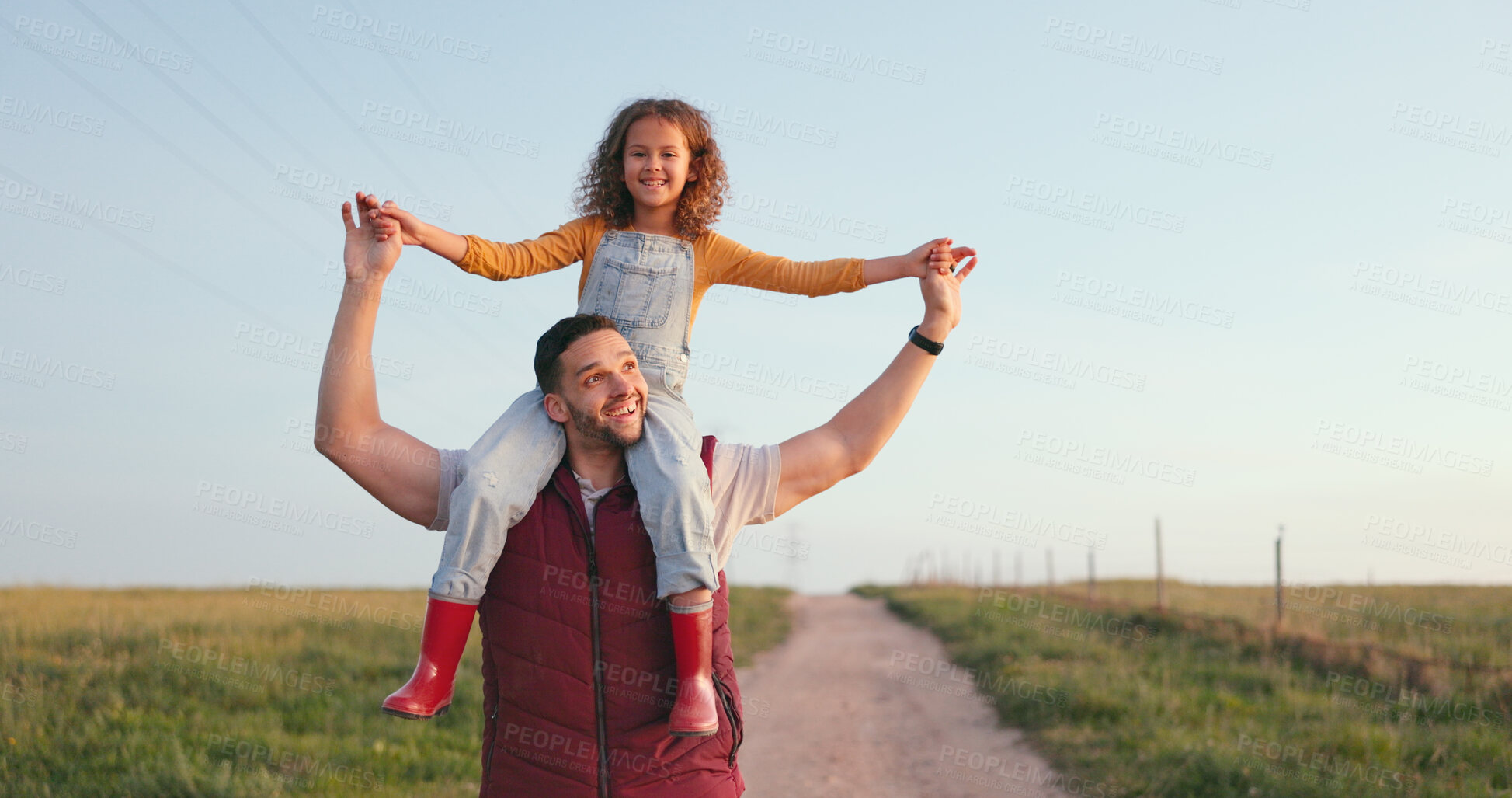 Buy stock photo Happy, father and child on shoulders with freedom on a farm  to relax with peace on holiday, vacation or outdoor in summer. Portrait, happiness and girl bonding with dad with love, support and nature