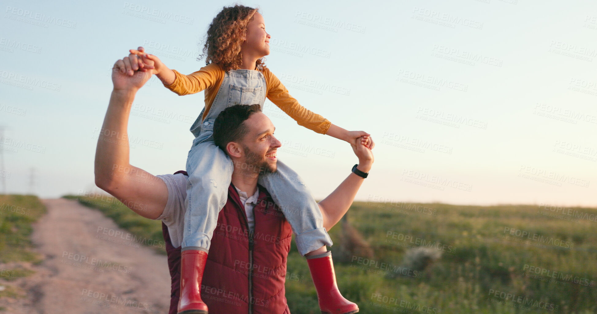 Buy stock photo Happy, father and child on shoulders with freedom on a farm  to relax with peace on holiday, vacation or outdoor in summer. Smile, happiness and girl bonding with dad with love, support and nature