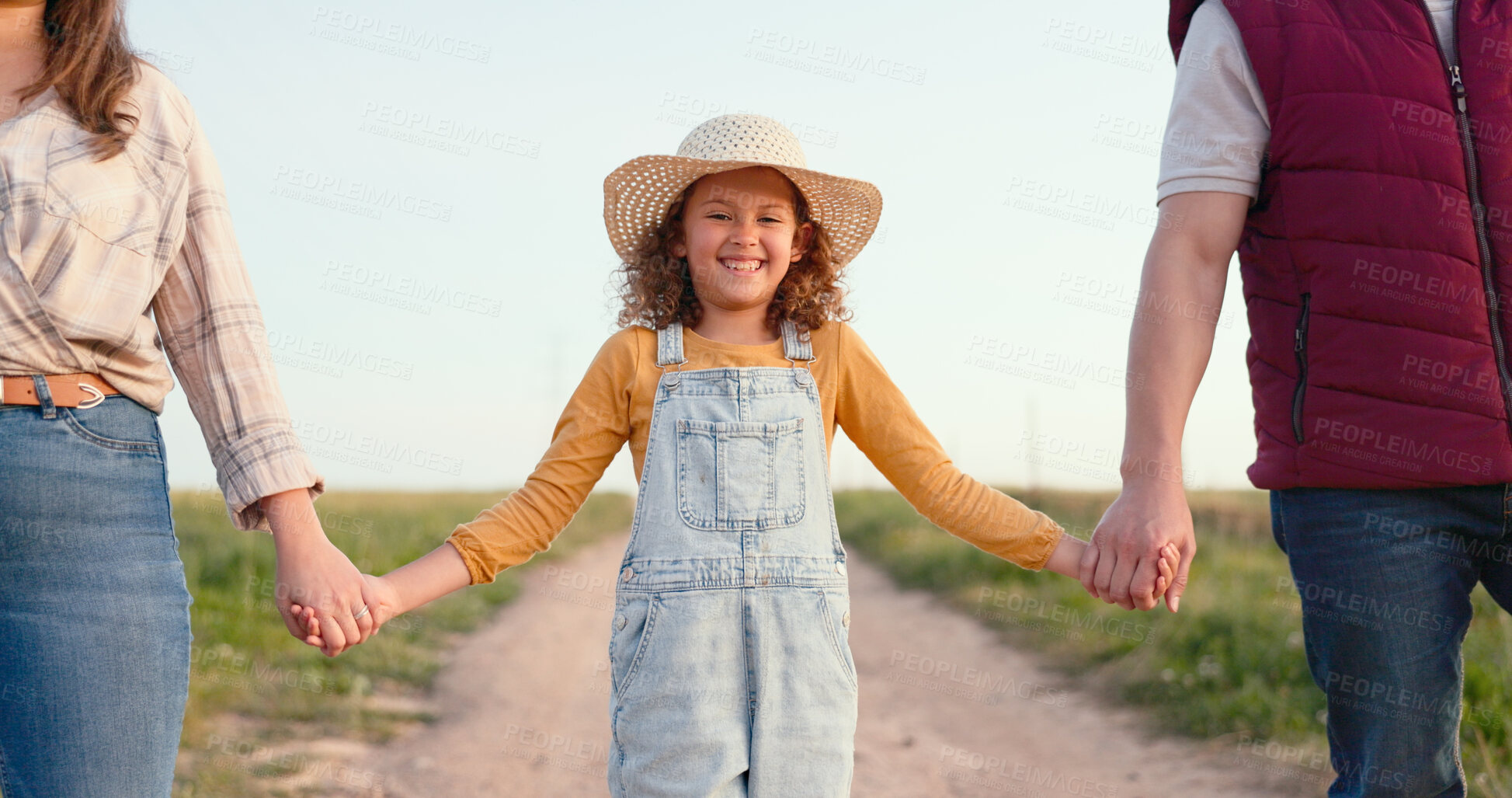 Buy stock photo Agriculture, farming and family holding hands on farm in summer countryside. Mom, dad and portrait of young girl excited for future career in business as a farmer with parents support and love