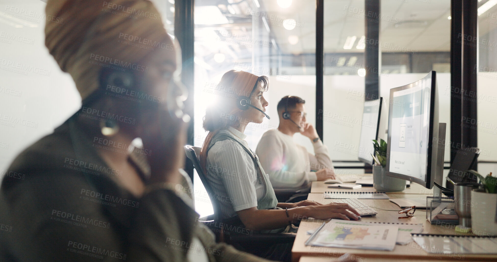 Buy stock photo Call center, staff or telemarketing with black woman, speaking or sales agent with crm, computer or talking. African person, customer service or consultant with headphones, tech support or lens flare