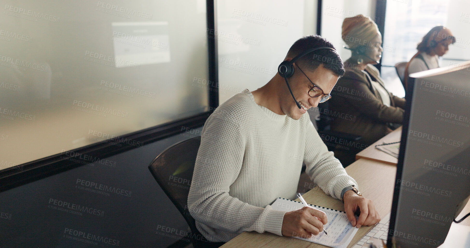 Buy stock photo Call center, office consulting and happy man writing customer care data, telemarketing info or consultation feedback. Online, research paperwork documents and insurance agent working on loan survey