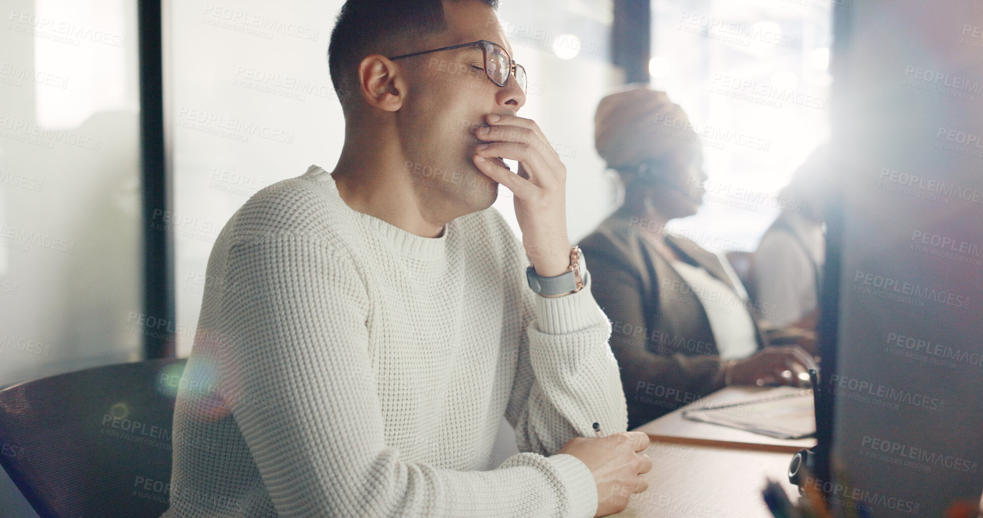 Buy stock photo Burnout, tired and man at call center with fatigue problem, yawning and  fail at customer service job. Contact us, person and exhausted with mistake, headache and worker desk in office at work