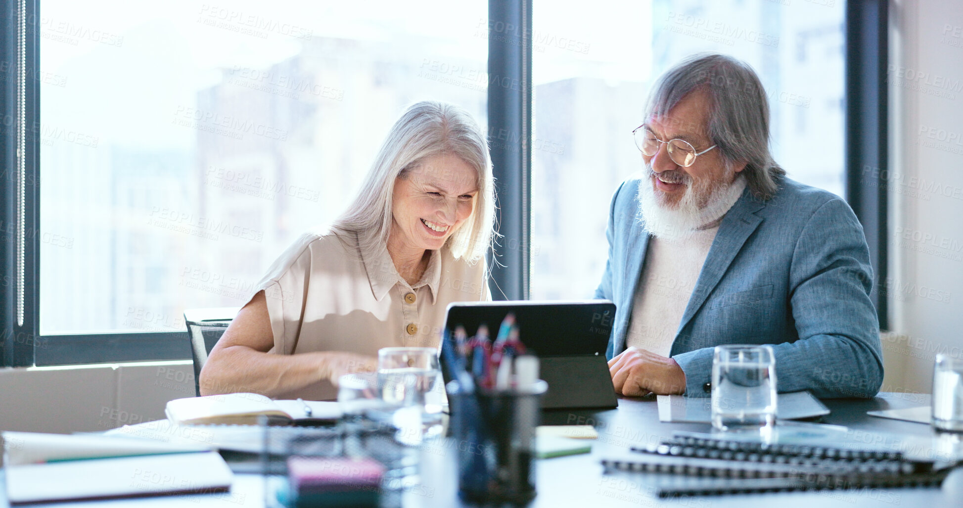 Buy stock photo Collaboration, tablet and management with a business team in the office together for planning. Technology, leadership or teamwork with a senior manager and CEO talking strategy in the boardroom