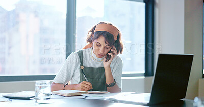 Phone call, writing notes and business woman on laptop for networking, calendar schedule and administration. Female worker, mobile communication and planning notebook data, computer strategy or sales