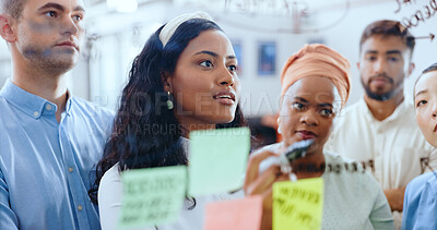 Black woman, leadership and presentation with sticky notes in business meeting, teamwork collaboration and brainstorming strategy. Team, african woman leader and team training