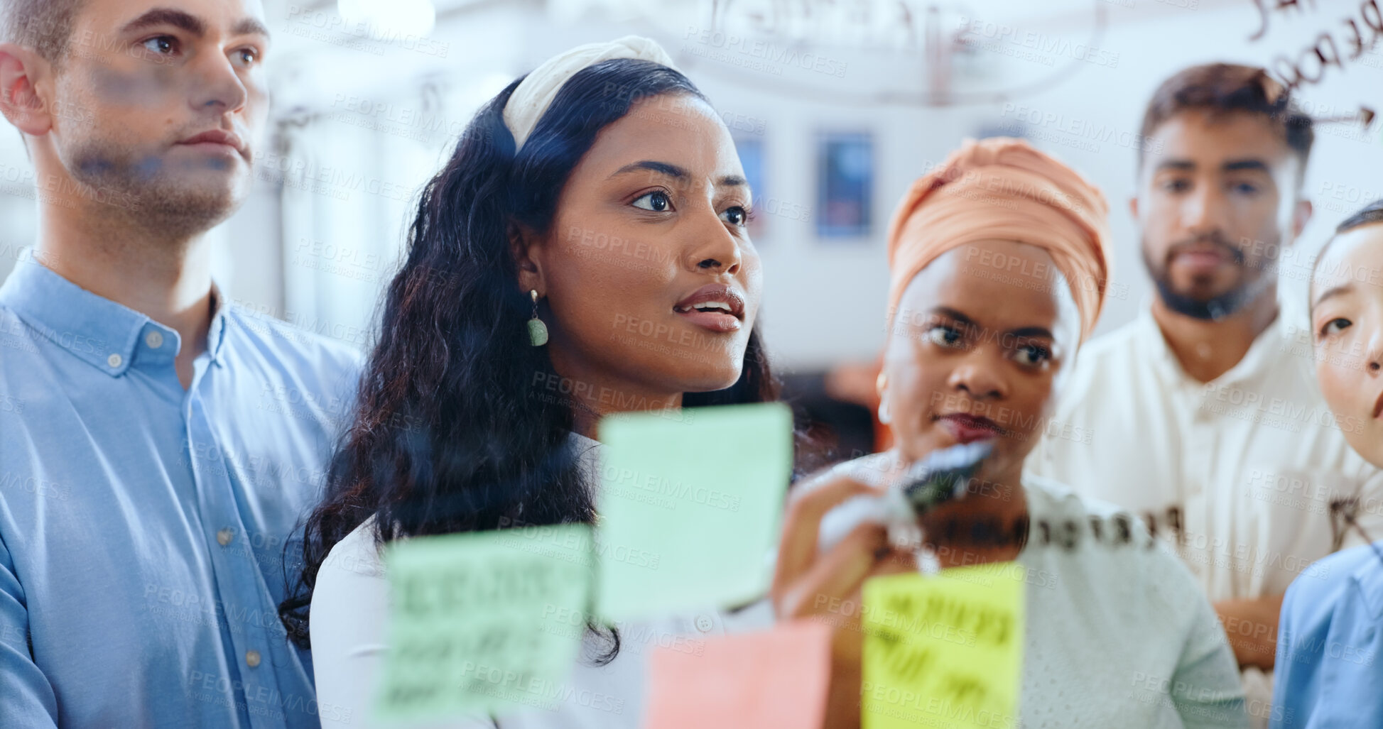 Buy stock photo Planning, board and business people in meeting in office with sticky note for brainstorming strategy with teamwork. Discussion, career and group of designers working on creative project in workplace.