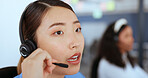 Confused, frustrated and call center woman consulting customer with unhappy, moody and annoyed face zoom. Customer service consultation of asian corporate girl in conversation with difficult client