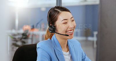 Call center, customer support and Asian woman with smile talking, speaking and laugh with client online. Telecommunication, customer support and friendly service for female consultant for crm company