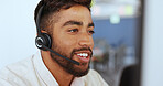 Call center, telemarketing and face of a man giving advice, technical support and help online on a computer. Contact us, customer service and consultant consulting for sales, crm and service job