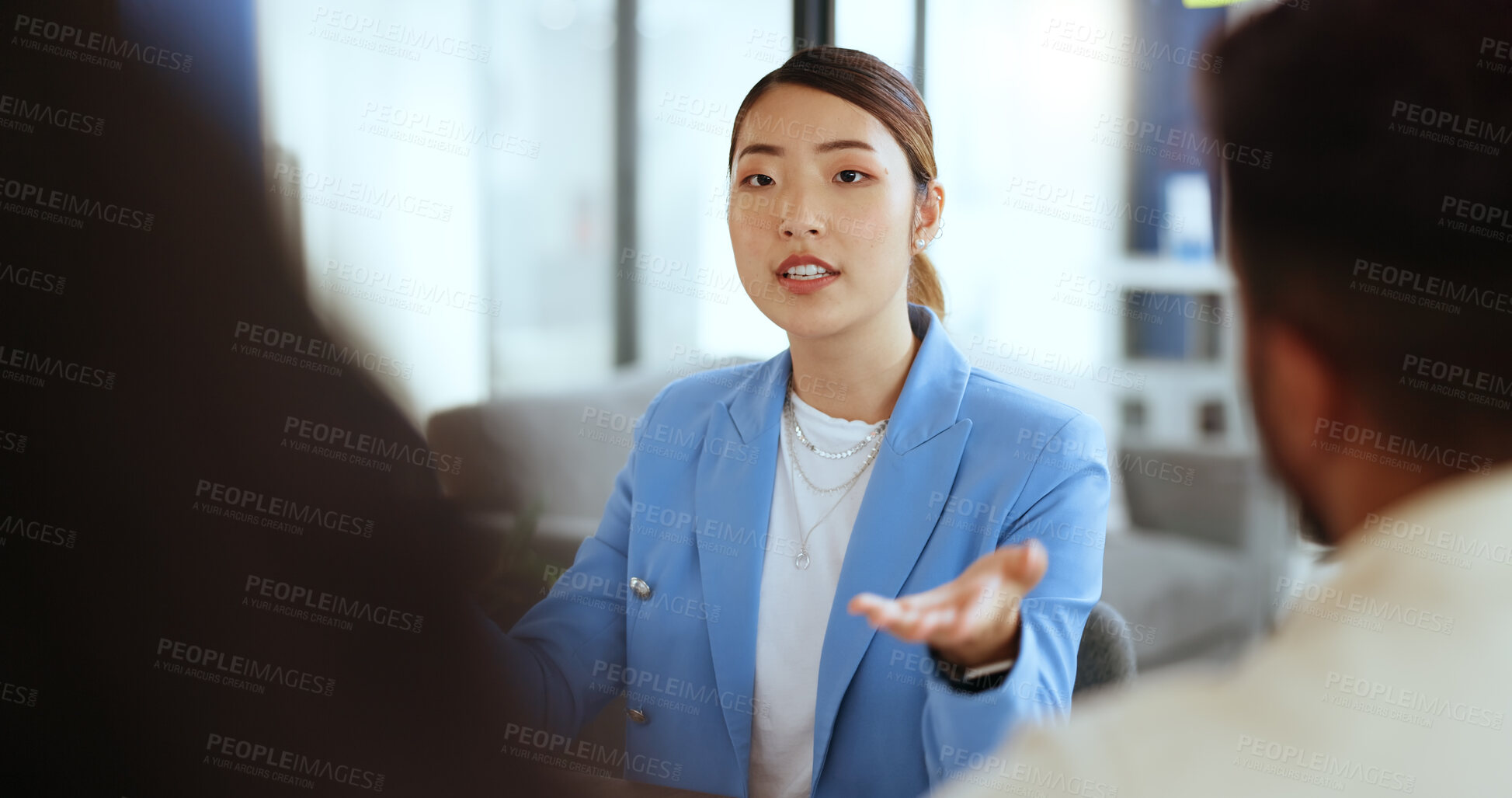 Buy stock photo Meeting, asian woman and leader for business collaboration, marketing training or manager coaching in office. Team leadership, ceo talking and creative management or planning startup goals strategy