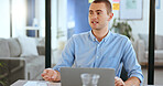 Businessman, laptop and leader talking in office for coaching, creatie training and presenting ideas. Corporate man, leadership and speaking to business people for collaboration or sales marketing
