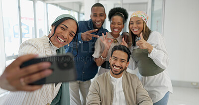 Buy stock photo Selfie, office and group of people smile for social media post, online networking update and happy diversity. Workplace friends, teamwork and thumbs up or peace sign of employees in profile picture