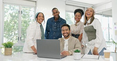 Buy stock photo Smile, business people and portrait in office with laptop, teamwork and startup collaboration. Partnership, support and excited designer team with diversity, happy and advertising agency solidarity