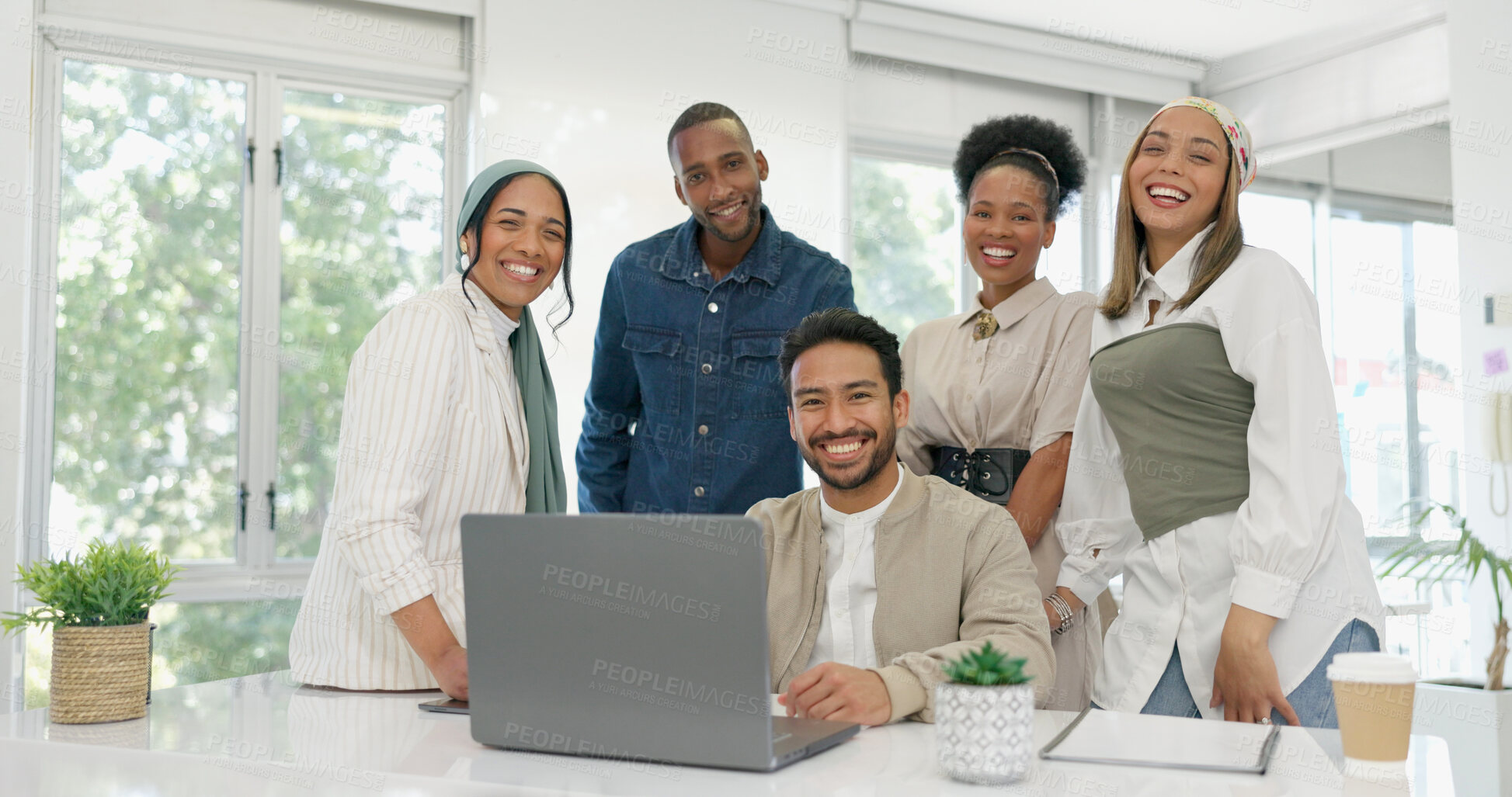 Buy stock photo Happy, business people and portrait in office with laptop, teamwork and startup collaboration. Partnership, support and excited designer team with diversity, smile and advertising agency solidarity