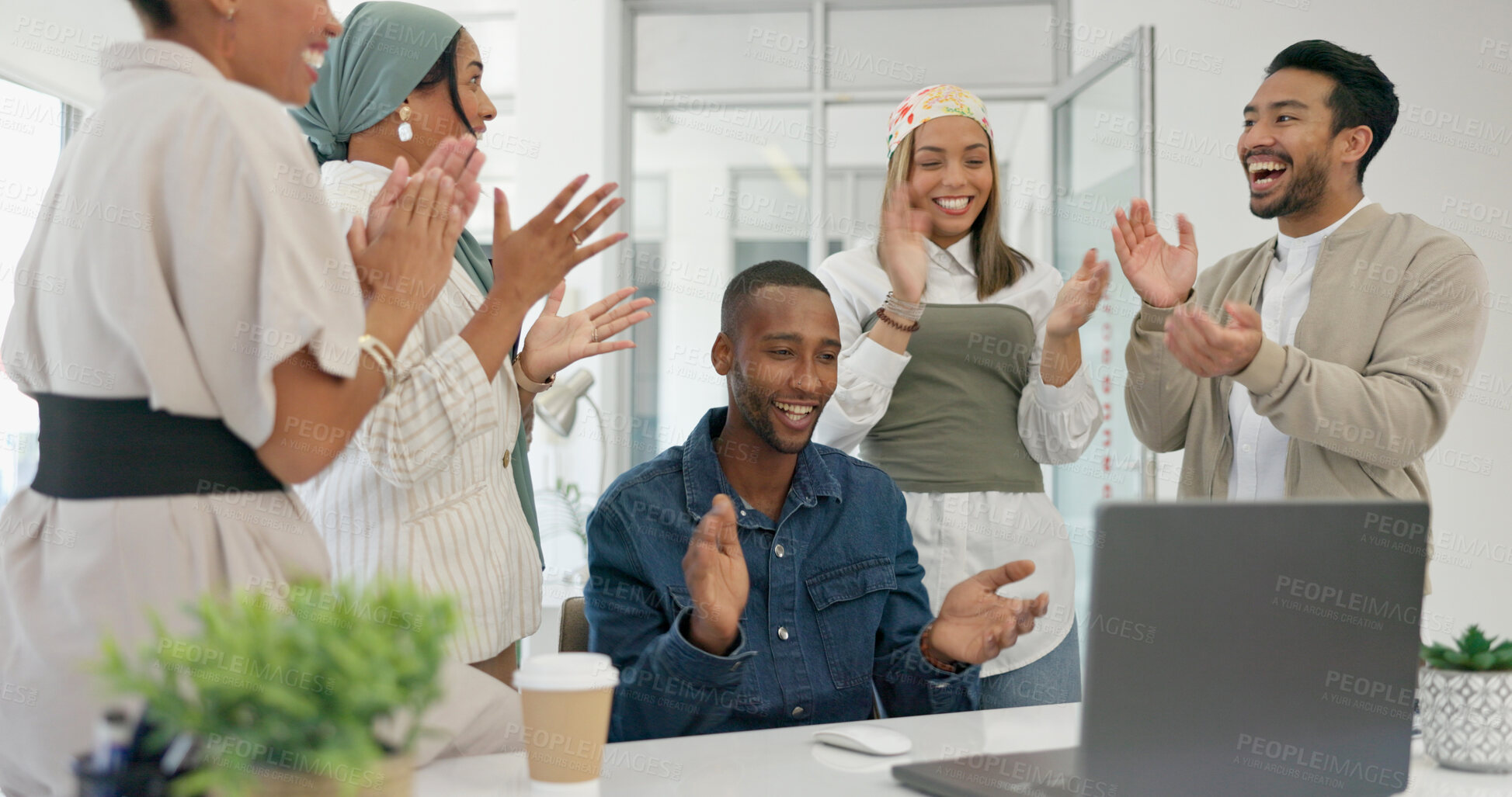Buy stock photo Business people, applause and winner on laptop for graphic design news, project achievement and startup goals. Group or team celebration, clapping and excited for marketing target, winning or results