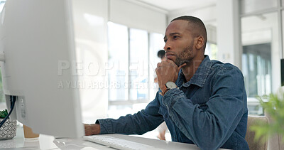 Buy stock photo Black man in office, thinking and online feedback at computer for email, review or article summary. Website, market research report and media employee with internet survey or analysis at web business