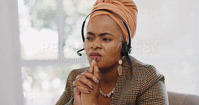 Customer service, call center and confused black woman in office. Telemarketing, contact us or female sales agent, consultant or employee thinking of solution to problem while consulting in workplace