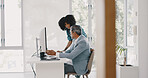 Question, leadership or manager coaching a black woman with digital marketing SEO, copywriting data or email marketing. Leadership, mentoring or senior employee coaching, training or helping worker