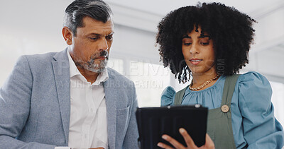 Corporate black woman, businessman or tablet for planning, schedule or analytics in office for teamwork. Woman, senior man and digital tech for social media marketing, strategy or focus in New York