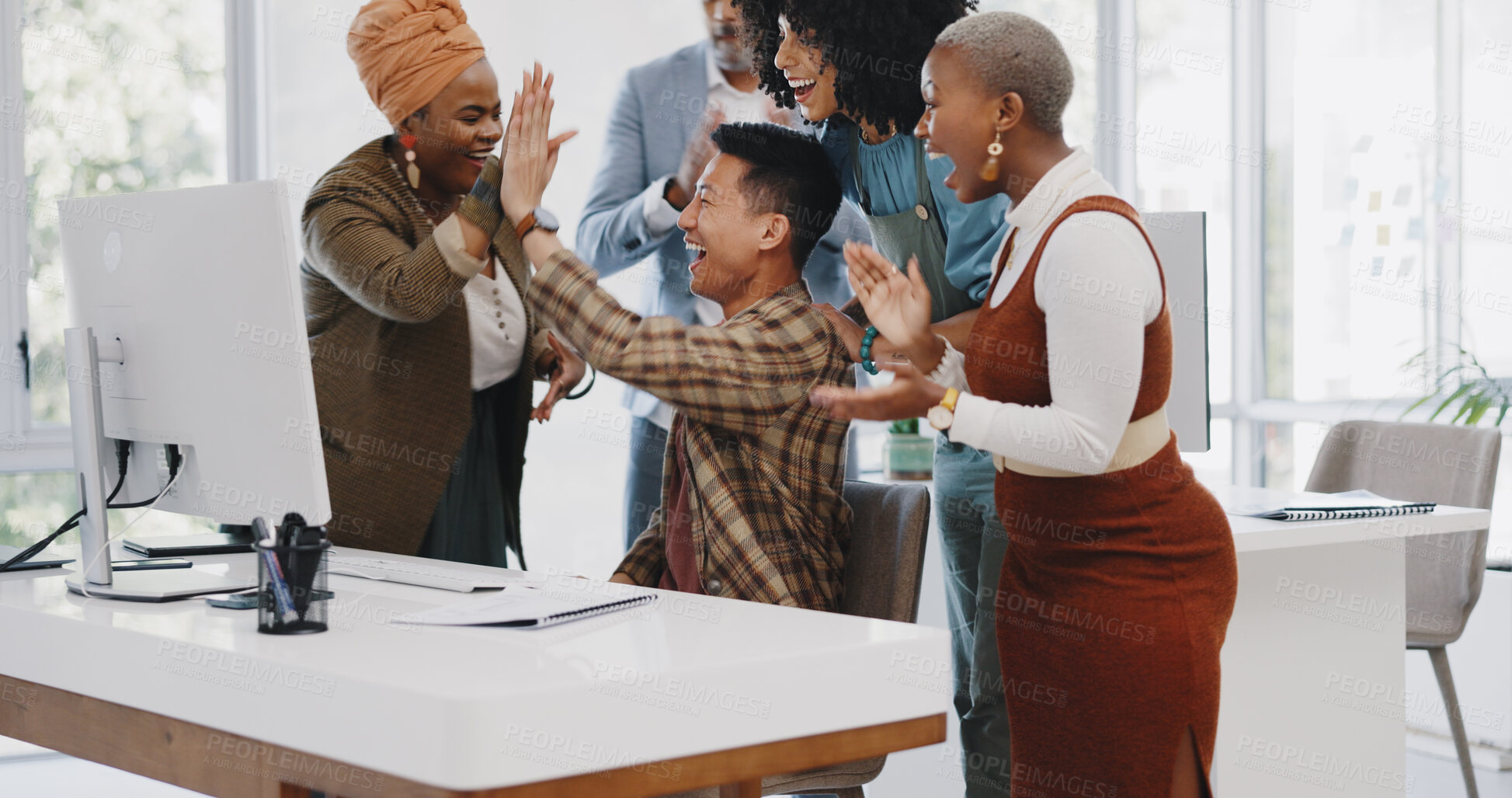 Buy stock photo High five, wow and business people with office celebration for success, winner or goal achievement. Hands, well done and excited team celebrating bonus, promotion or startup, growth or kpi target