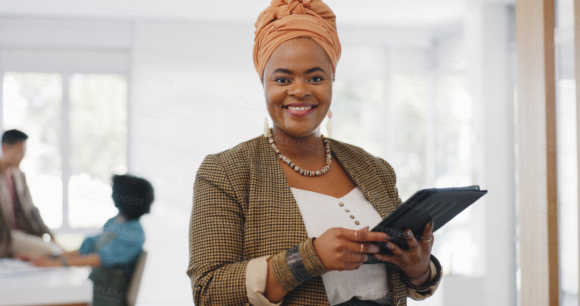 Buy stock photo Portrait, business and black woman with a tablet, smile and connection with digital app, planning and network. Face, African person and happy employee with technology, data analysis and communication