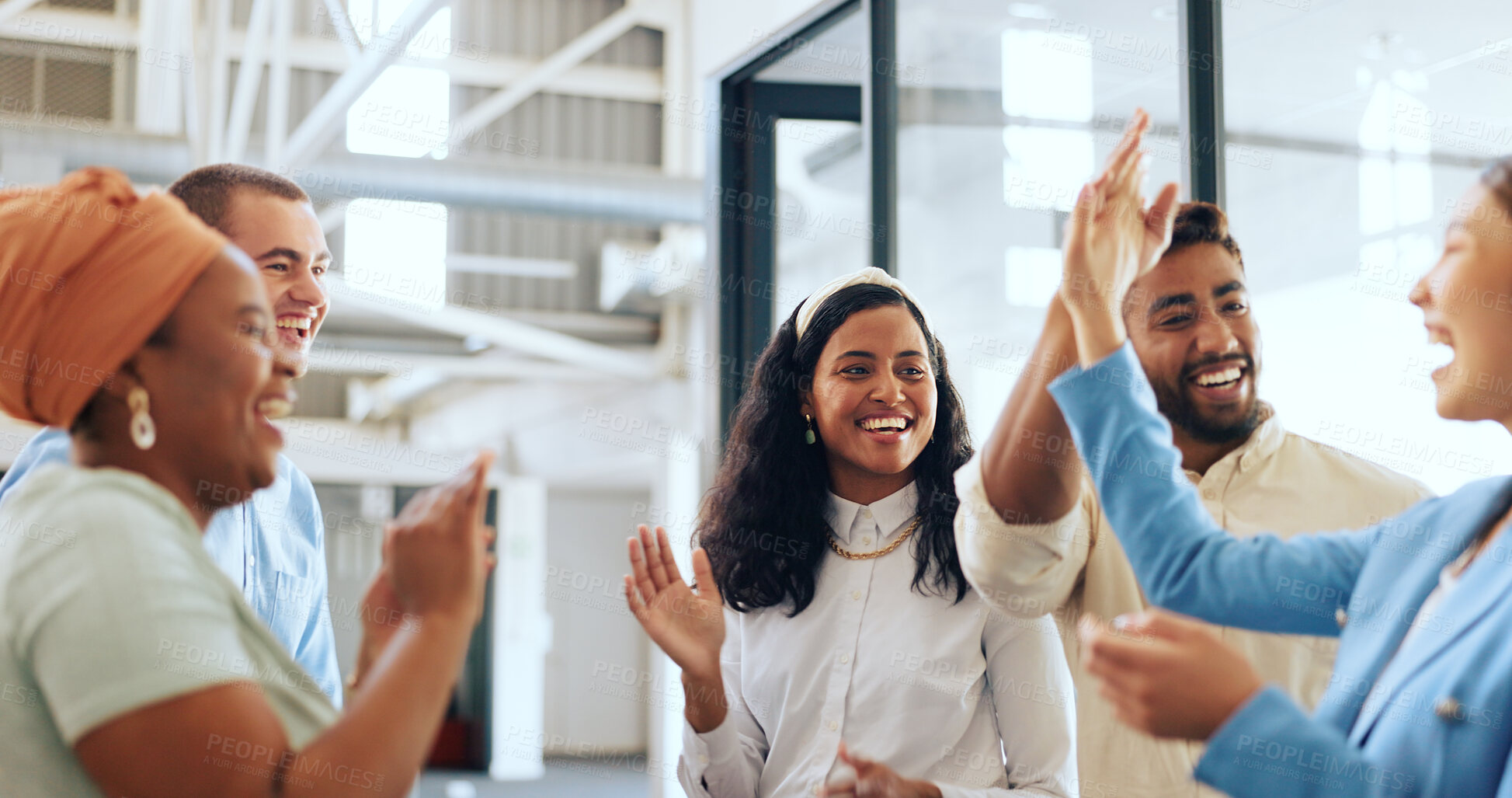 Buy stock photo Diversity, team and high five at office teamwork, winner and startup success or job promotion. Laughing, group motivation and business staff with excited friends and happy from work celebration