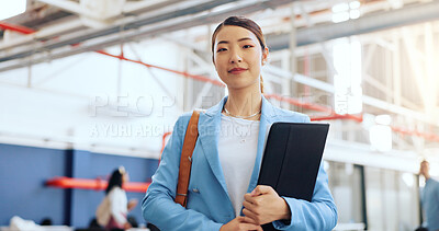 Business woman, face and corporate architect with architecture plan, building industry and workplace. Professional portrait, success in career with Asian worker at office in Tokyo, smile with pride.
