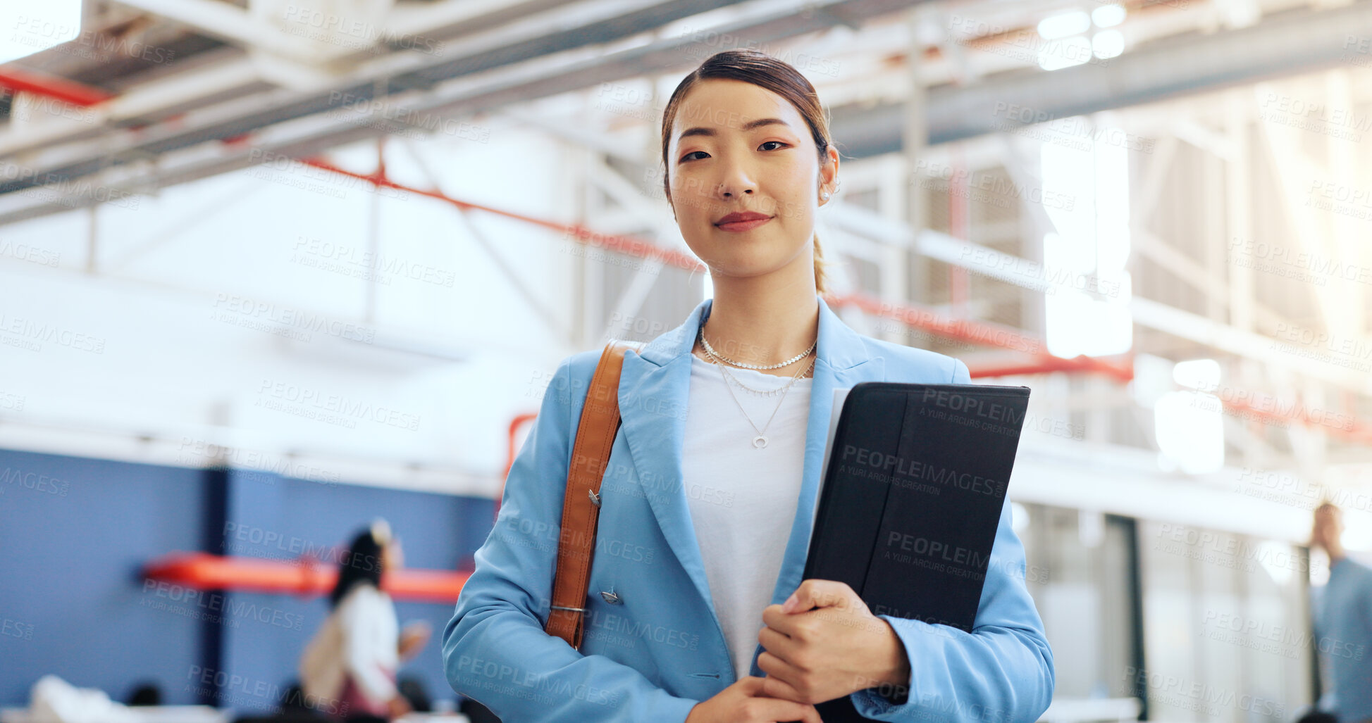 Buy stock photo Manager, tablet and portrait of Asian woman in office with smile, leadership and confidence. Management, digital technology and happy female designer at modern startup creative company workplace.