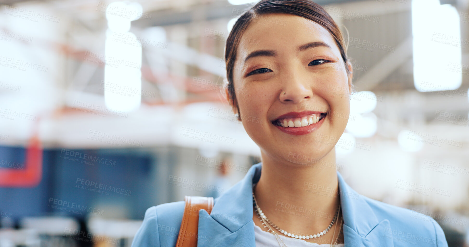 Buy stock photo Happy, smile and portrait of Asian woman in office with smile, leadership and confidence. Success, pride and closeup face of young female designer at startup creative design company workplace.