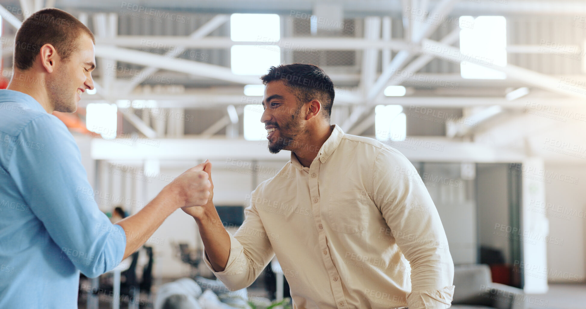 Buy stock photo Friends, handshake and business people at work with a welcome, thank you or happy communication in team. Corporate, partnership and coworking employees with hand gesture greeting or hello in office