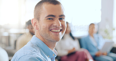Man, hiring and interview with company recruitment, face and smile with human resources and corporate business new hire. Excited, happy and professional portrait, workplace with future workforce.