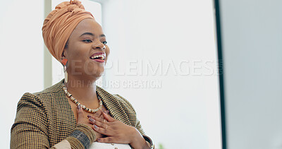 Buy stock photo Happy black woman, office and good news in success, promotion or winning on computer at desk. Face of excited African female person or business employee smile in relief for achievement at workplace