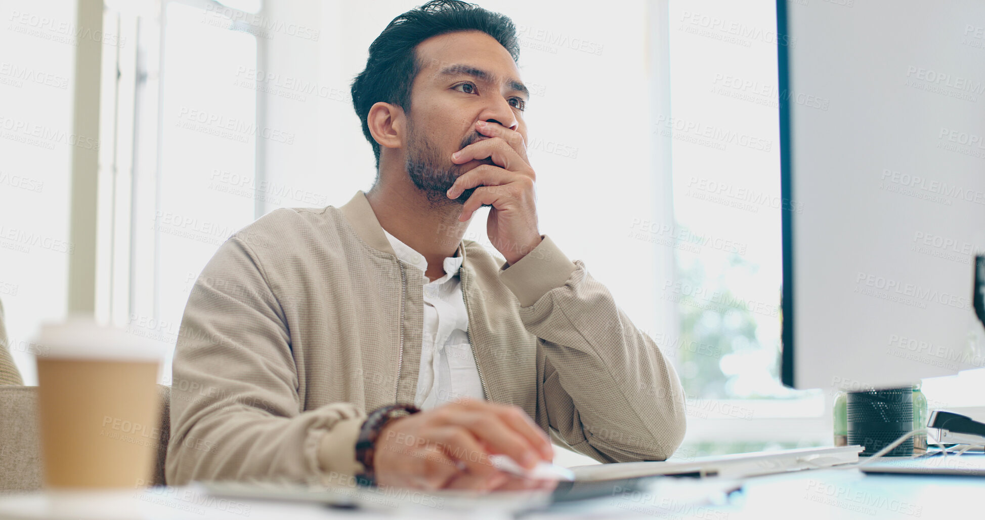 Buy stock photo Business man, stress and computer thinking, stock market crash and financial error or reading report in office. Young worker shocked, surprise or fear for news, wrong email or trading fail on desktop