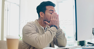 Buy stock photo Stress, headache and business man on computer in office nervous for tax, audit or 404 problem. Anxiety, fear and guy web developer frustrated by glitch, burnout or mental health crisis, spam or fail