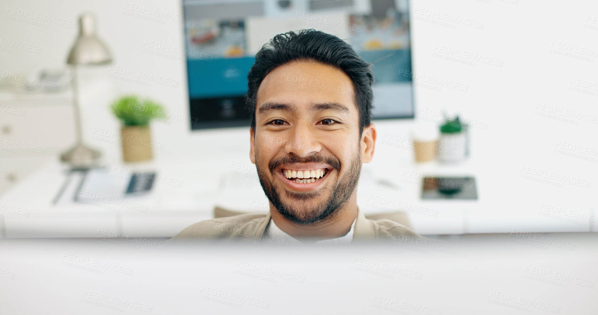 Buy stock photo Happy man in office, research and reading on computer for email feedback, review or article summary. Website, smile  and media employee on online survey or promotion or sales at web business