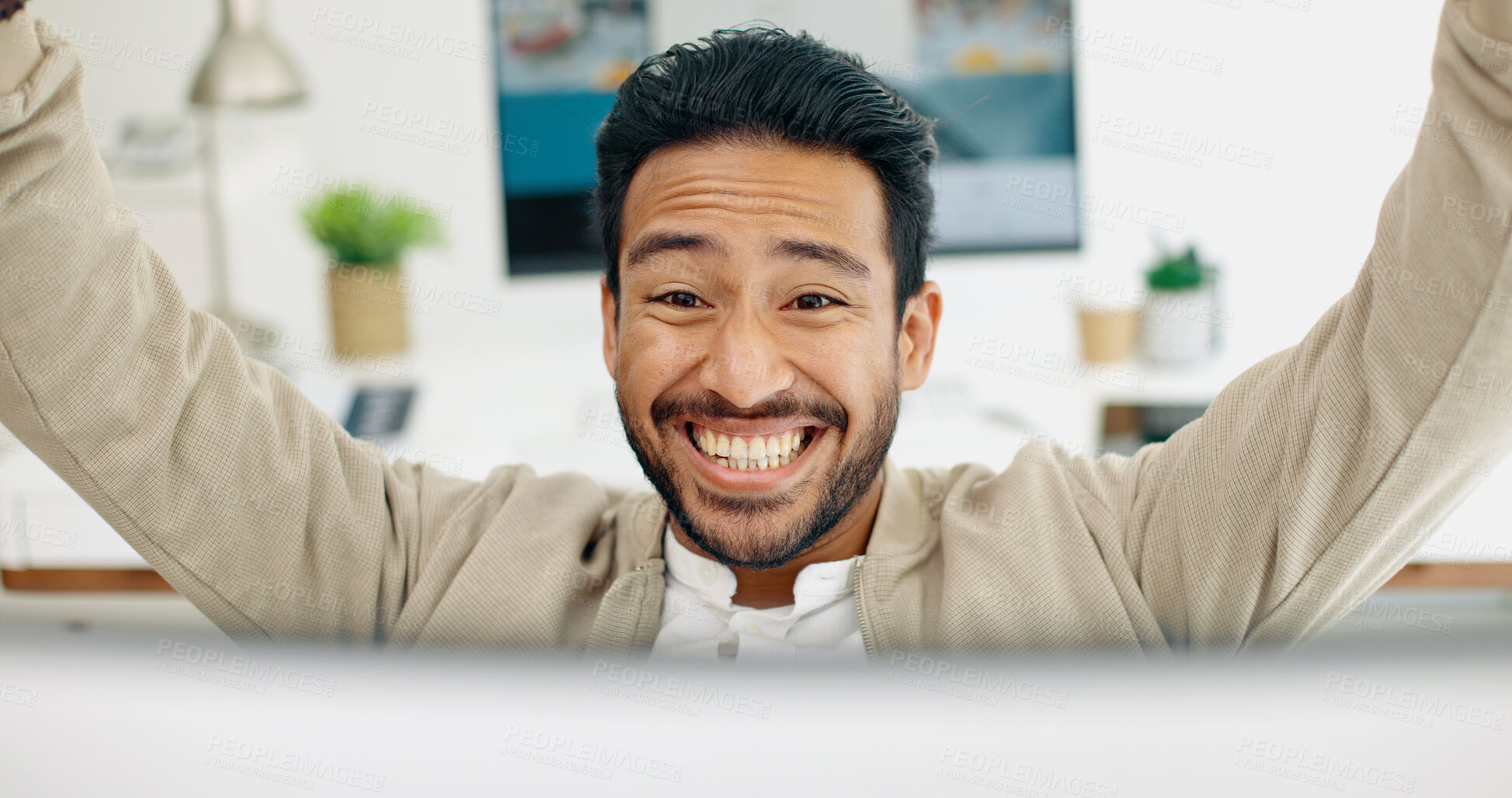 Buy stock photo Business man, winner and computer for success, celebration and marketing sales or project achievement. Professional asian person with cheers, excited and yes, reading email or news on office desktop