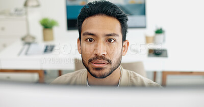 Asian man, face thinking and idea with computer, planning and brainstorming for success in programming. Tech startup worker, executive focus and solution with innovation by desktop pc in workplace