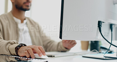 Buy stock photo Office, mouse and hands of worker on computer working on feedback, website review and social media. Creative agency, technology and closeup of person typing email, data analytics and research report