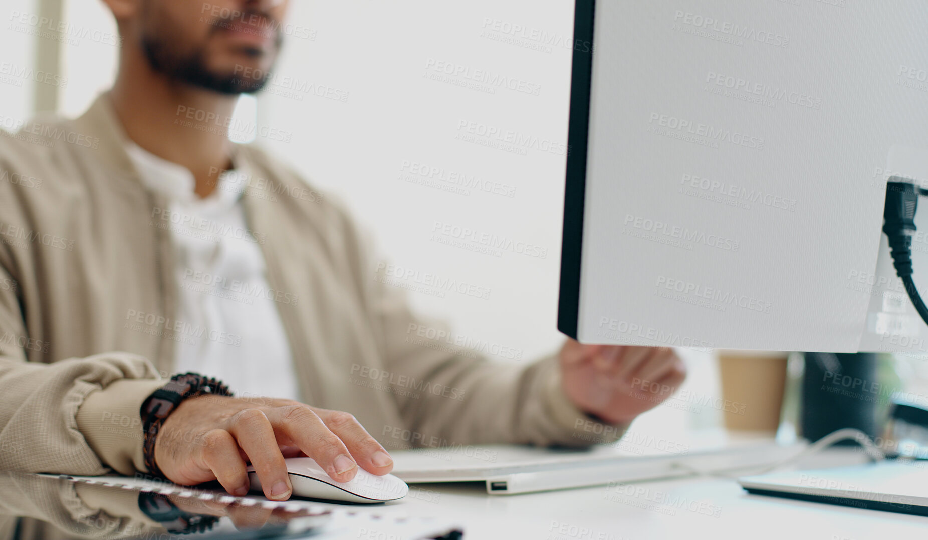 Buy stock photo Keyboard, mouse and hands of person on computer working on feedback, website review and internet. Creative agency, office and closeup of worker for typing email, data analytics or research report