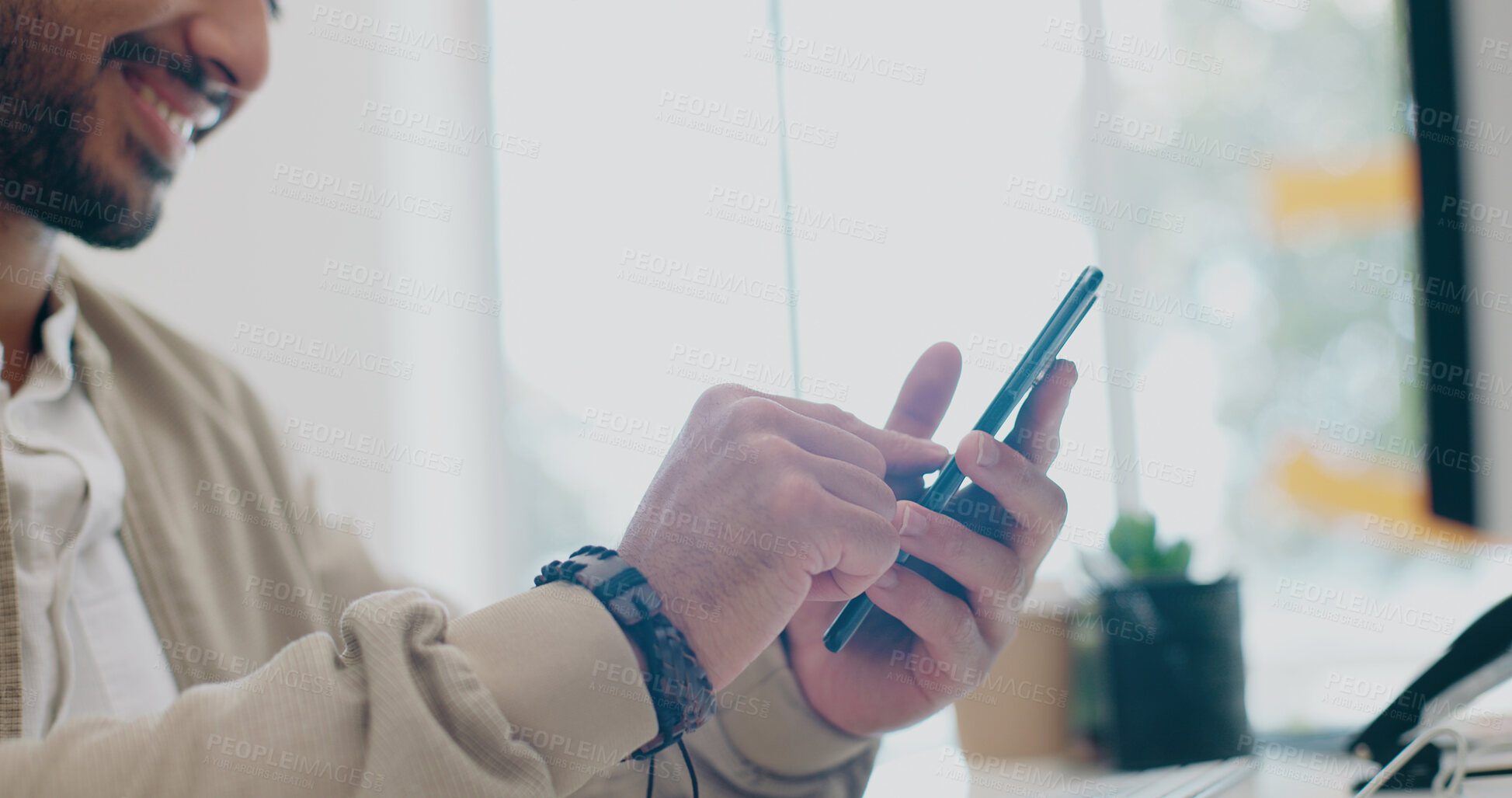 Buy stock photo Happy man, phone in office and scroll on social media, email or post for business networking. Hands typing, good news and businessman with mobile app on smartphone, chat online and smile at work desk