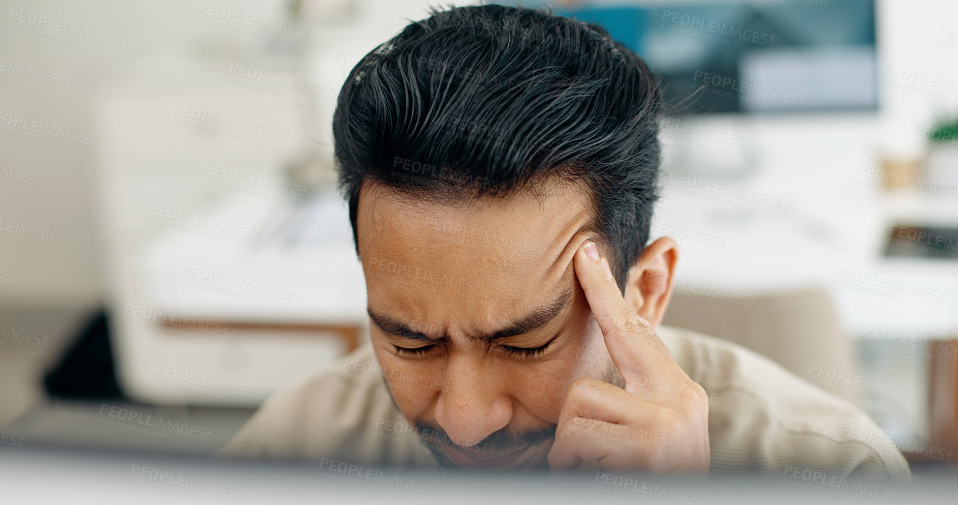 Buy stock photo Business, stress and man with headache in office with bad, review or feedback, worry or risk. Anxiety, fail and Japanese male manager with migraine, burnout or frustrated by glitch, 404 or tax audit