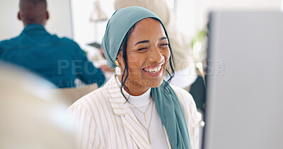 Video call, computer and laughing Islamic woman talking, speaking and chat to online business contact. Communication, funny conversation and Muslim employee discussion, networking and laugh at joke