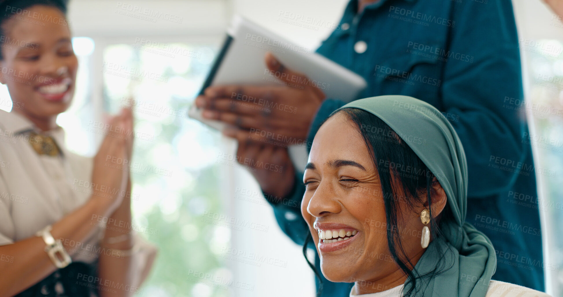 Buy stock photo Business people, group applause and muslim woman in office for support, solidarity and congratulations for success. Team building, celebration and cheers for goals, winning and promotion for employee