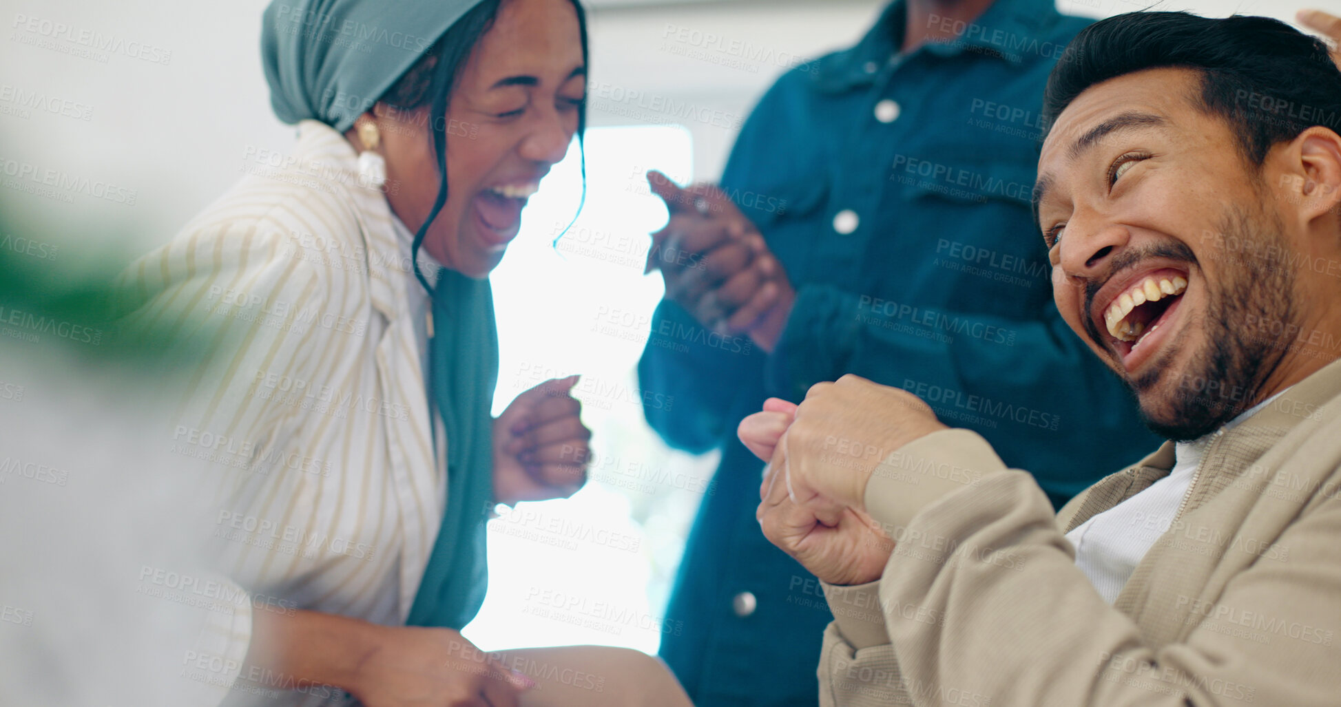 Buy stock photo Fist bump, teamwork and business people in office for celebration, achievement and good news. Diversity, collaboration and excited men and women cheer for project ideas, support and winning bonus