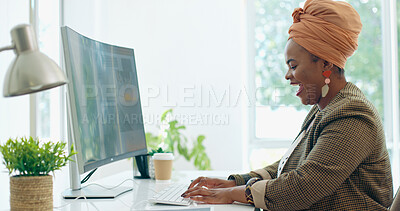 Buy stock photo Working, computer and business woman in office for feedback of social network, website review and internet. Creative agency, company and African worker in workplace for report, research and planning