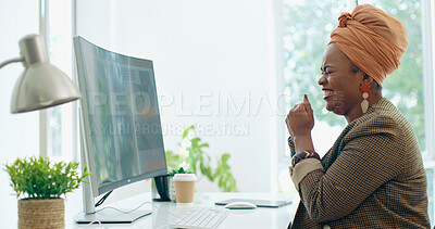 Black woman, computer and fist celebration in office for success, promotion or winning at desk. Corporate African executive smile, winner celebrate and pc for email, motivation or performance bonus